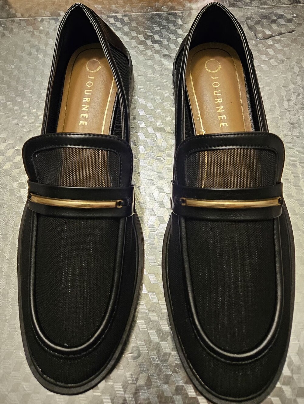 Journee Collection Rainey Black Mesh Loafers Gold Bar Size 9.5 M